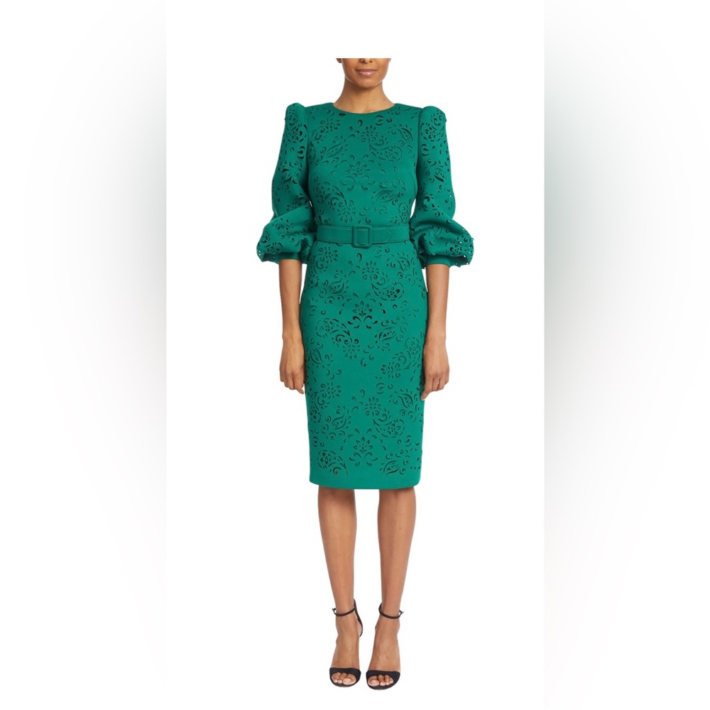 NWT Badgley Mischka puff shoulder laser-cut paisley dress size 10 with belt